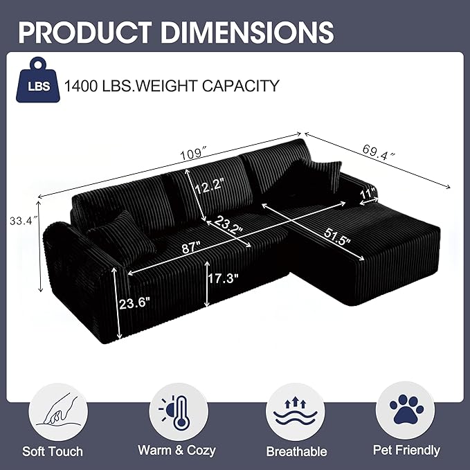 109“L-Shaped Sectional Sofa Boneless Couch Upholstery Cloud Modular Couch with Chaise No Assembly Required Corduroy Fabric Combination Deep Seat Living Room Bedroom(Black, Right Hand Facing)