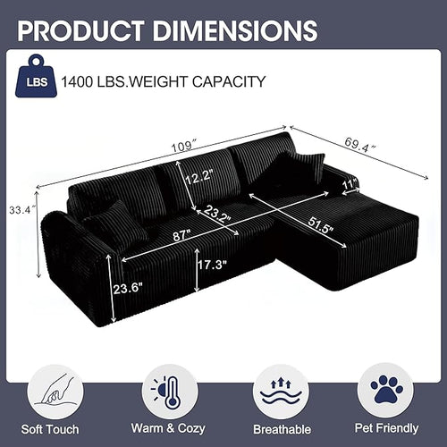 109“L-Shaped Sectional Sofa Boneless Couch Upholstery Cloud Modular Couch with Chaise No Assembly Required Corduroy Fabric Combination Deep Seat Living Room Bedroom(Black, Right Hand Facing)