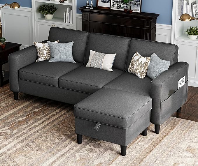 Sectional Couches for Living Room 78" Convertible L Shaped Couch with Removable Storage Ottoman 3 Seater Sofas Modern Linen Dark Grey Sofa for Apartments Studios Dorms Small Spaces