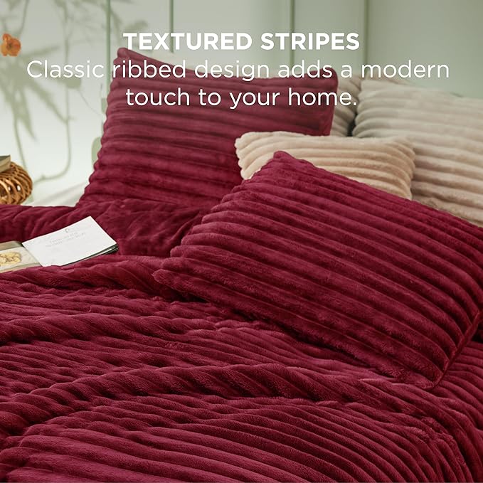 Bedsure Twin/Twin XL Size Comforter - GentleSoft™ 2 Pieces Double-Side Fleece Fluffy Dark Red Comforter Set, Cozy Striped Room Decor Aesthetic Luxury Twin Bedding Sets, 1 Pillowcase, 68x88 Inches