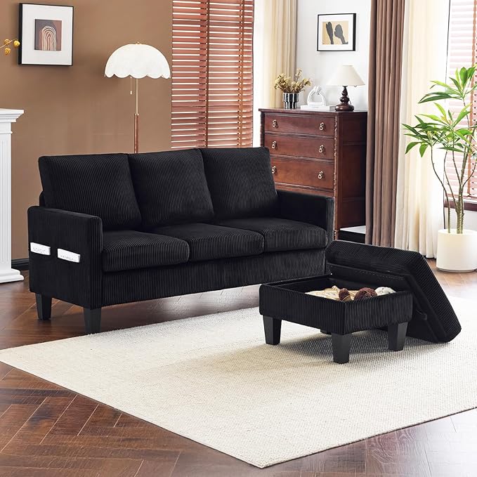 VINGLI 68.5' L Shaped Couch with Movable Storage, Convertible Sectional Sofa in Corduroy Fabric, Modern Reversible Chaise Couch for Small Spaces, Apartment, Living Room，Black