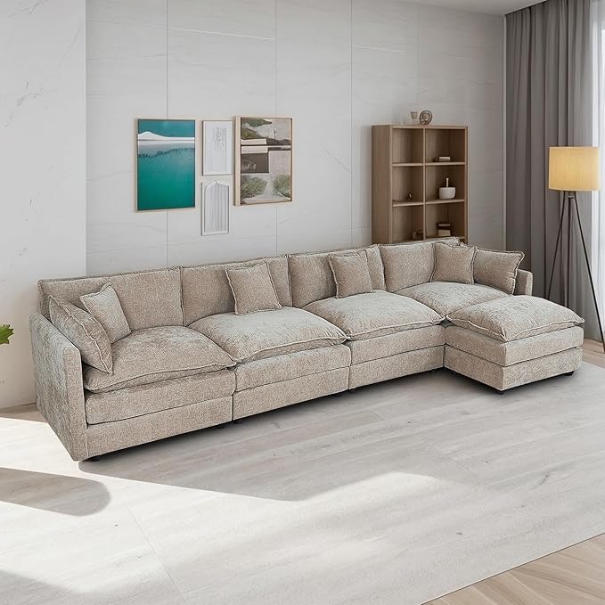 Setawix Deep 4 Seater Couch with Ottoman,147.22" L-Shaped Cloud Couches for Living Room,Chenille Cloud Sofa Couch with Deep Seat,Modular Sectional L Shape 4 Seat Sofa for Bedroom (Coffee, 4+1)