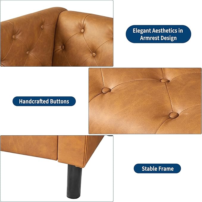 GarveeHome 81" Leather Couch for Living Room, Chesterfield Sofa with Deep Seat, Handmade Button Tufted 3 Seater Sofa, Modern Leather Sofa for Apartment, Office, Cognac Tan