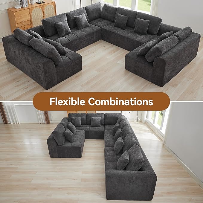 140'' Boneless Modular Couches for Living Room, Compressed Cloud Sectional Modern Sofa, U Shaped 9 Seater Upholstered Memory Foam Oversized Sofa, No Assembly, Chenille Grey