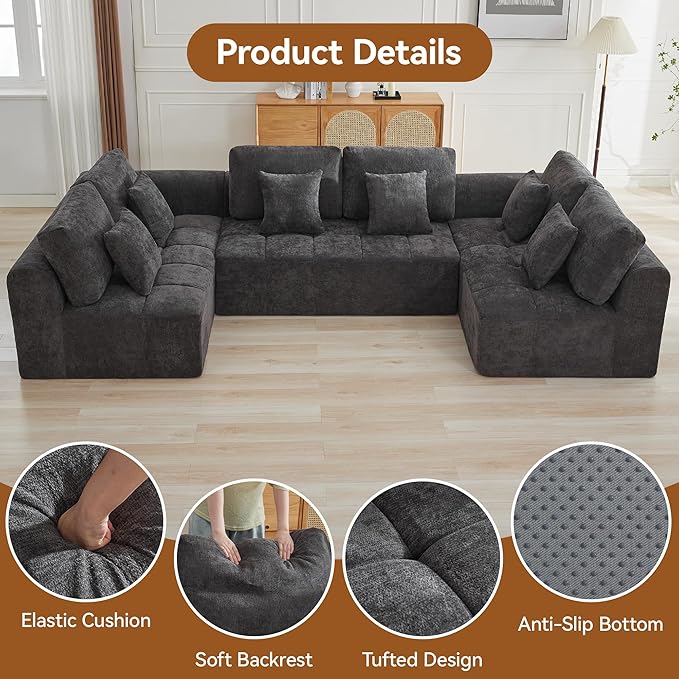 140''Modular Sectional Couches for Living Room, Cloud Boneless Compressed Sectional Sofa, Oversized U Shaped 6 Seater Upholstered Memory Foam Sofa, No Assembly, Chenille Grey