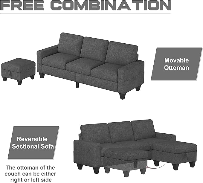 ZeeFu Couch for Living Room - 78'' Beige Linen 3 Seat L-Shaped Sectional Sofa Couches with Storage Ottoman - Modern Small Space Upholstered Furniture Sofa Set for Office Small Space Apartment