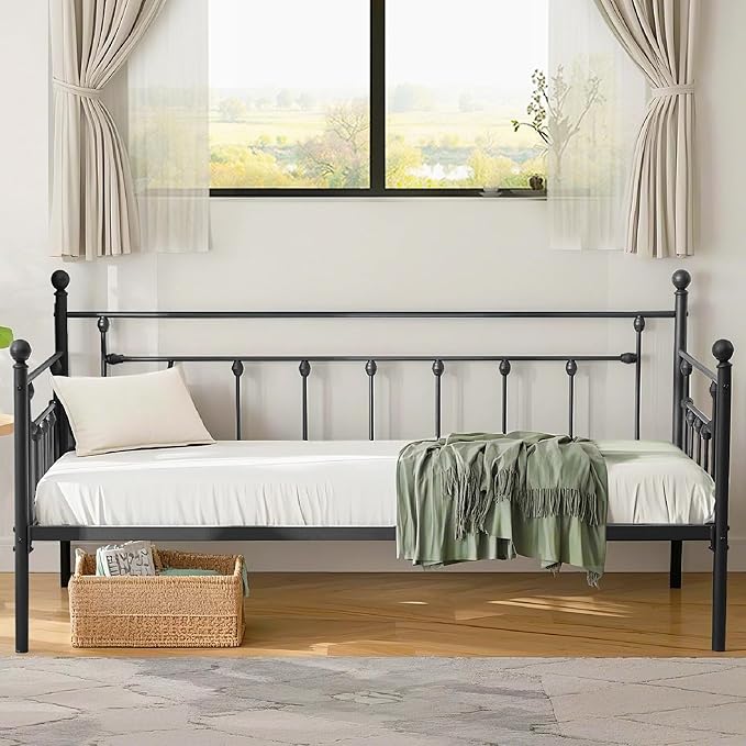 VECELO Daybed Frame, Twin Size Metal Platform Bed with Headboard,Heavy Duty Steel Slats Support for Living Room Bedroom Guest Room, Easy Assembly