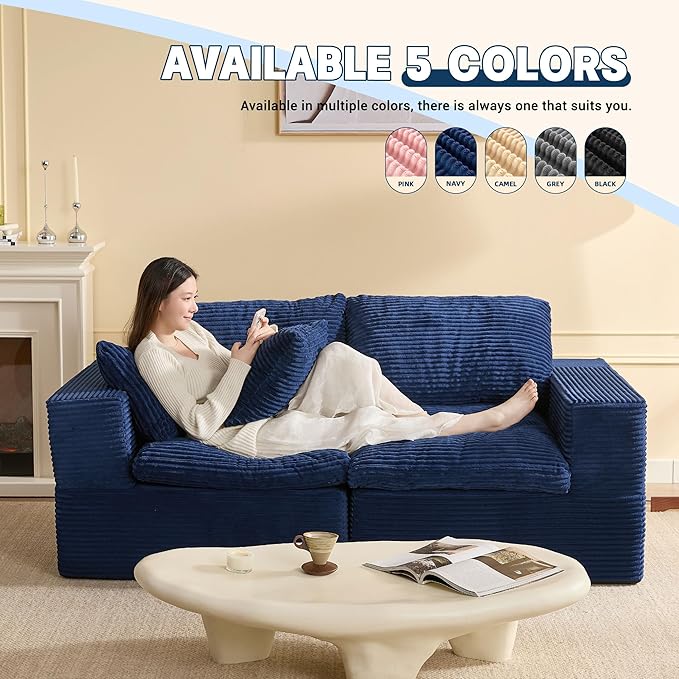 74.8” Set of Cloud Couch, Modular Loveseat Sofa, Convertible Sofas Bed, Deep Seat Sofa, Cozy Sofa for Living Room, Office and Bedroom, Corduroy, Blue