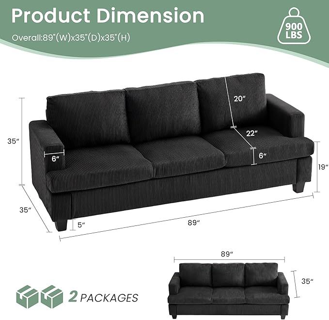 2 Pieces Corduroy Couch Set for Living Room, Black Cloud Sofa, Deep Seat Floor Couch for Bedroom, Futon Modern Sofa Sectional Bed, Black Corduroy