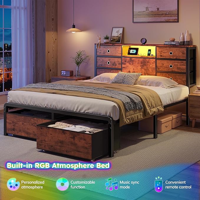 Homkdom Queen Size Bed Frame with 8 Fabric Storage Drawers, LED Lights & Charging Station, Metal Platform Bed Frame with Headboard Storage,No-Noise,Easy Assembly,Modern Brown