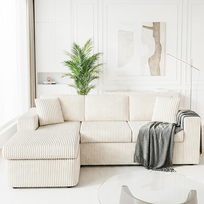 Shintenchi 105" Modular Sectional Sofa, Boneless L Shaped Couch with Deep Seat, Cloud Foam Couch with Oversized Chaise, Plush Corduroy Sofa No Assembly Needed for Living Room, Beige