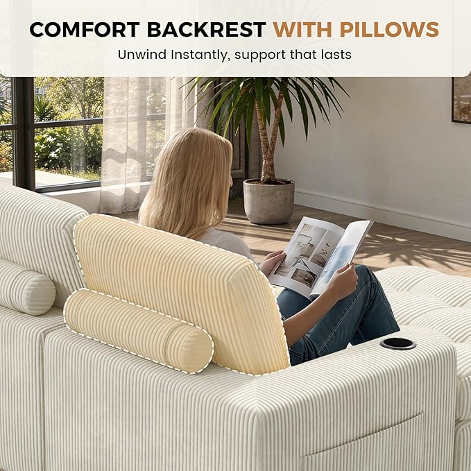 112" L Shaped Cloud Boneless Couch,Modern Modular Sectional Sofa with Layered Cushion,No Assembly Convertible Corduroy Couches for Living Room,Beige 1 PCS