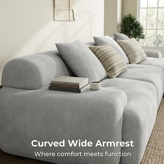 LIKIMIO LumiCord Modular Sectional Sofa with Ottoman, 118" L-Shaped Boneless Couch for Living Room, Oversized Deep Seat with Corduroy Upholstery, No Assembly Required, Grey
