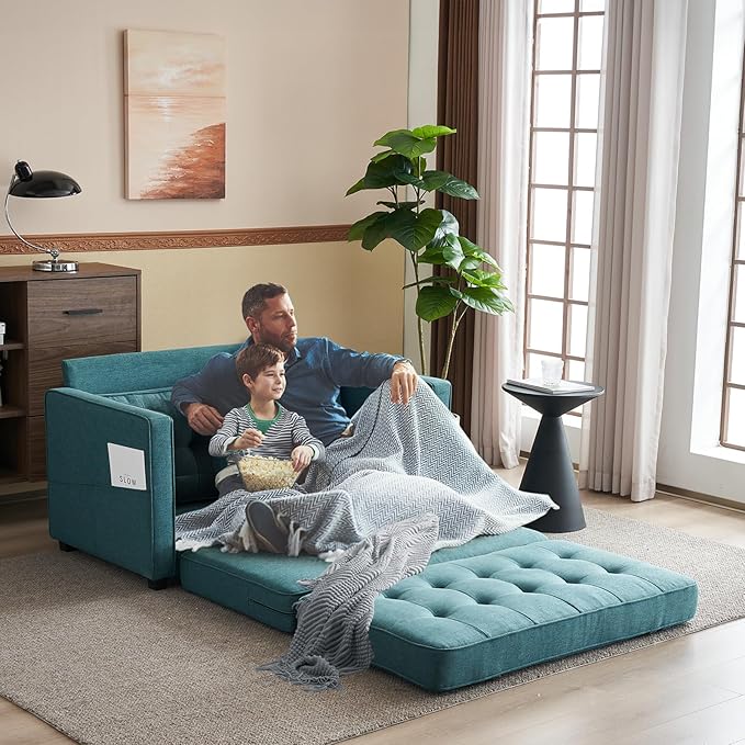 VINGLI Loveseat Sleeper Sofa Bed Teal Blue Futon Couch 53.5" W 80" L Pull Out Couch Bed Floor Couches for Living Room Folding Sofa Convertible Small Loveseat for Small Spaces