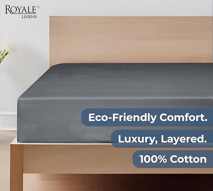 Royale Linens 100% Organic Cotton Fitted Sheet - Percale Weave - Super Soft Deep Pocket Bottom Sheets - Grey Elastic Sheet Queen Size - Queen Fitted Sheets Only - (60"x80"+15", Grey)