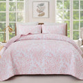 WONGS BEDDING Quilt King Size, Pink Quilt Bedding Set with 2 Pillowcases, Botanical Quilt for King Bed, Soft Microfiber Lightweight Coverlet Bedspread for All Season (110"×90", 3 Pieces)