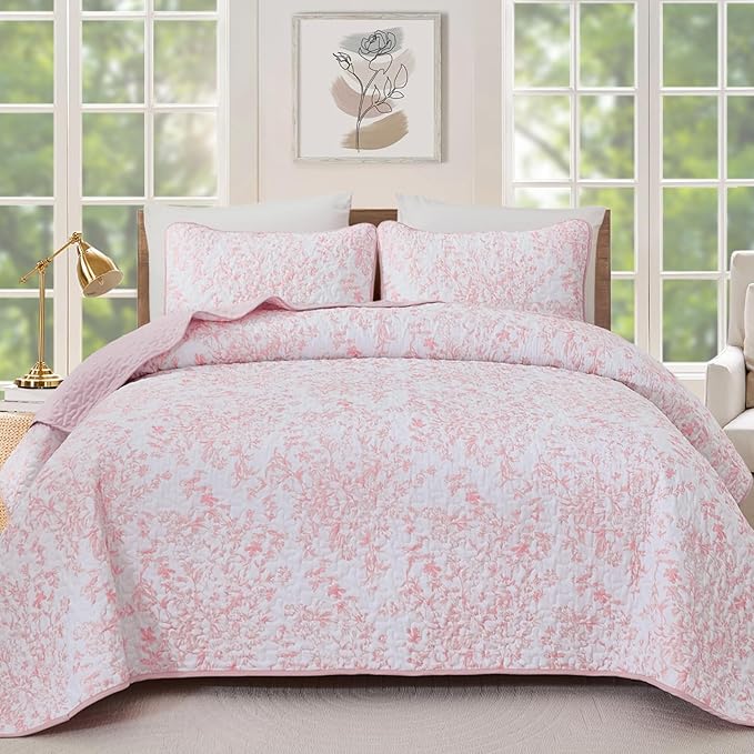 WONGS BEDDING Quilt King Size, Pink Quilt Bedding Set with 2 Pillowcases, Botanical Quilt for King Bed, Soft Microfiber Lightweight Coverlet Bedspread for All Season (110"×90", 3 Pieces)