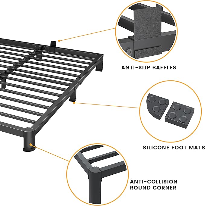 Superay 4 Inch King Bed Frame Low Profile, Heavy Duty Metal Platform Bed Frame with Round Corner Legs, Sturdy Mattress Foundation, No Box Spring Needed, Easy Assembly, Noise Free, Black