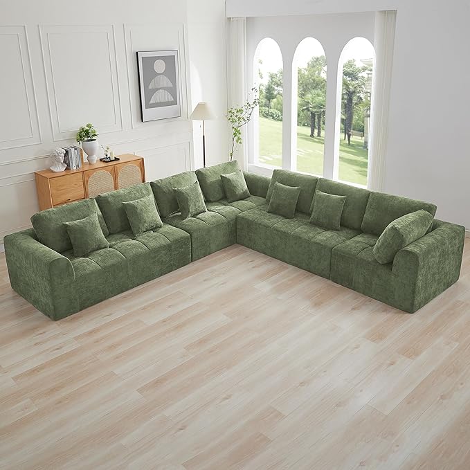 140''Modular Sectional Couches for Living Room, Cloud Boneless Compressed Sectional Sofa, Oversized L Shaped 7 Seater Upholstered Memory Foam Sofa, No Assembly, Chenille Green