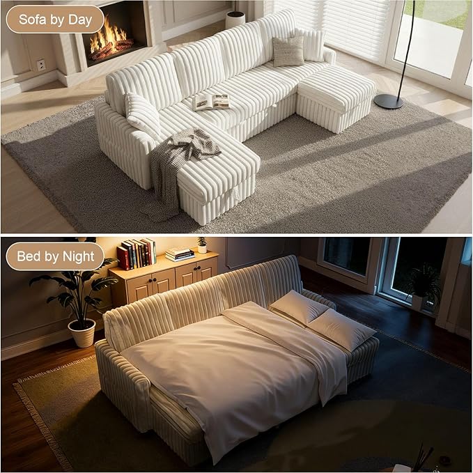 104" U Shaped Sleeper Sofa Bed, Sectional Couches for Living Room, Plush Corduroy Pull Out Couch Bed with Storage, Modular Sectional Couch with Charging Station, Cup Holder, Side Pocket, Beige