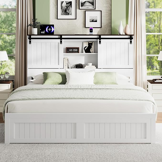 Queen Size Bed Frame with Storage, Sliding Barn Door, Farmhouse Wood Platform Bed with Reading Light and Charging Station, Wood Slats Support, Easy Assembly, Noise-Free, Antique White