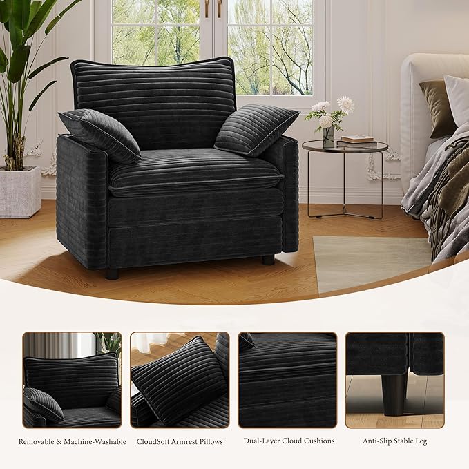 Vesgantti 40" Single Seat Sofa, Comfy Cloud Couch Deep Seat Upholstered Couch Corduroy Modern Sofa with Armrest Pillow, Easy Assembly for Living Room, Bedroom and Apartment, Black