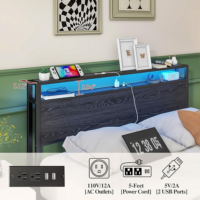 BOFENG Queen Bed Frame with Storage Headboard/LED Lights,Metal Platform Bed Frame with Charging Station,Bed Frame Queen Size with Storage,No Box Spring Needed,Noise Free,Black
