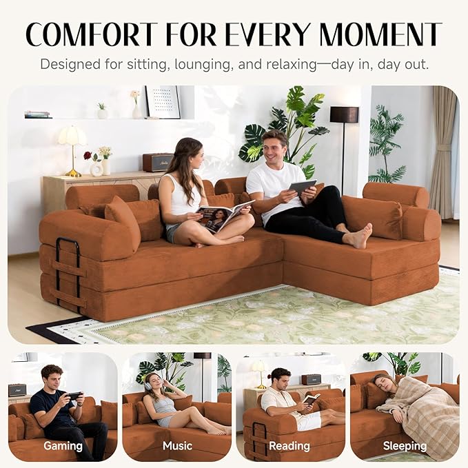 106" L-Shaped Modular Boneless Couch, 2-Piece System (2×70.87"), Convertible Sectional to 141.7" Straight Sofa, Corduroy Couch in a Box, Headrest & Back Pillows for Living Room, Orange