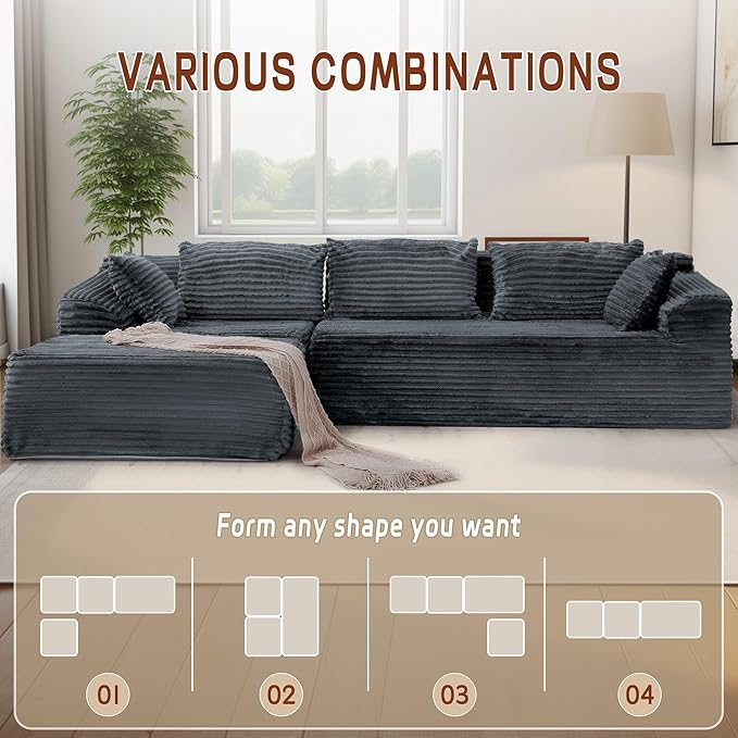 110" L-Shaped Modular Sectional Sofa with Chaise, Boneless Comfy Corduroy Fluffy Couch with Deep Seat and Side Pockets, Flexible Module Combination for Living Room, No Assembly, Side Pockets