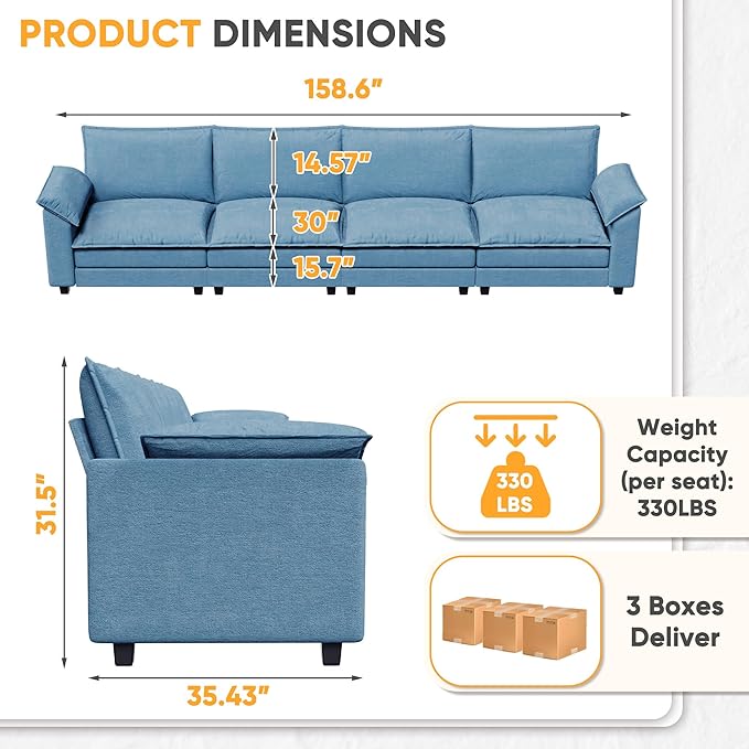 158.6'' Sectional Cloud Couch with 4 Seats & Wide Armrests, Oversized Linear Sofa with Double Layer Cushions, Comfy Chenille Couches for Living Room and Apartment (Dark Blue, Linear Sofa)