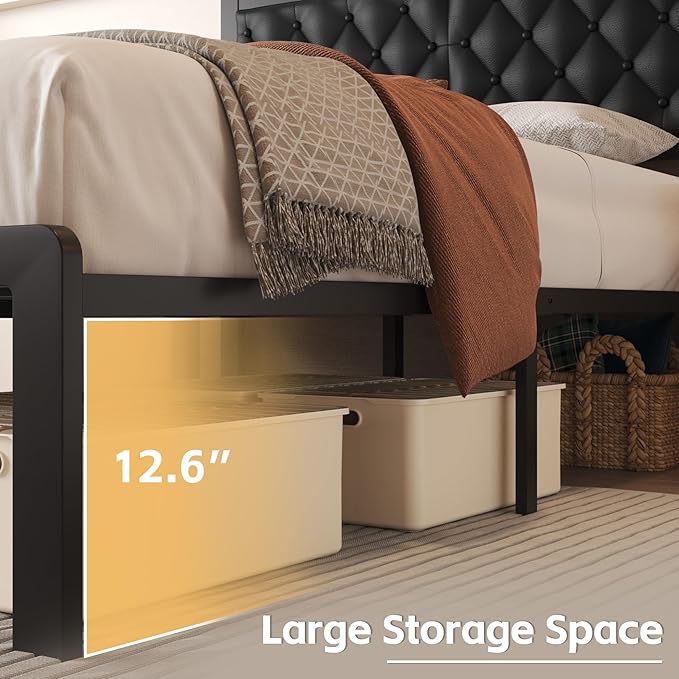 Fluest Queen Bed Frame with Headboard PU Leather Upholstered Bed Frame Platform,All Metal Slats Support Platform Bed Frame with Storage Space,Easy Assembly,Noise Free,No Box Spring Needed,Black