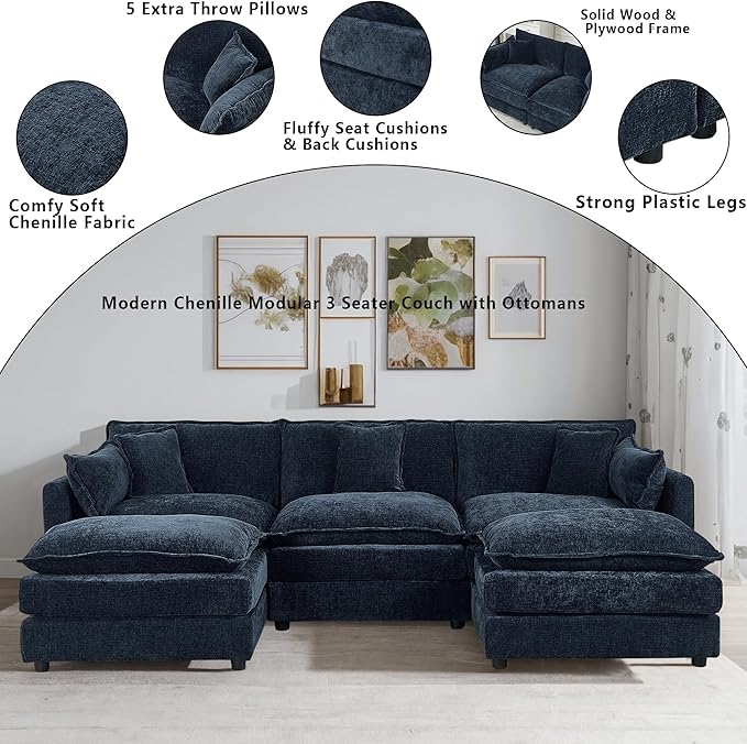 Setawix Deep 3 Seater Couch with Ottomans,112.2" U-Shaped Cloud Couches for Living Room,Chenille Cloud Sofa Couch with Deep Seat,Modular Sectional U Shape 3 Seat Sofa for Bedroom (Blue, 3+2)