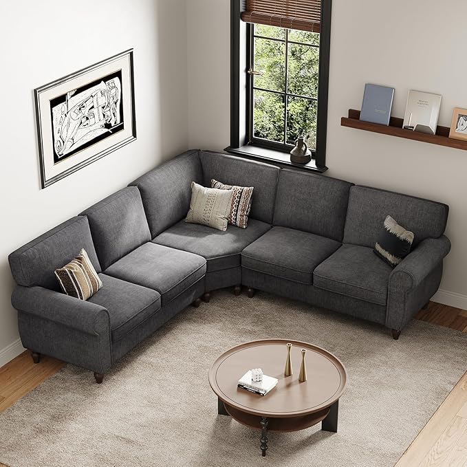 ONBRILL 101" L Shaped Couch, Sectional Corner Sofa with Rolled Arms, 5 Seater Chenille Fabric Couch w/Springs Seat Cushion, Wooden Legs, Comfy Oversized Sofa for Living Room, Apartment, Grey