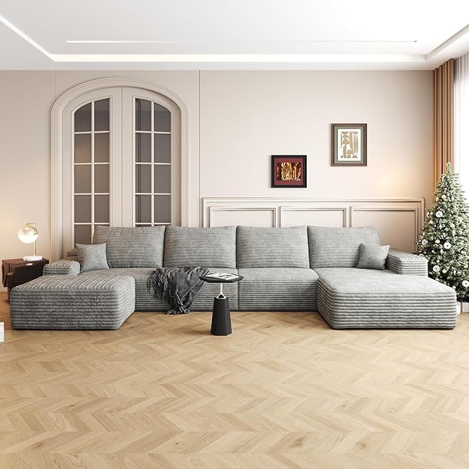 136" Sectional Couches for Living Room Cloud Couch Sofa with L-Shape Upholstered Boneless Couchs Modern Modular Sectional Couch with Chaise (Grey, 136" Right Facing Chaise+3Seaters+Ottoman)