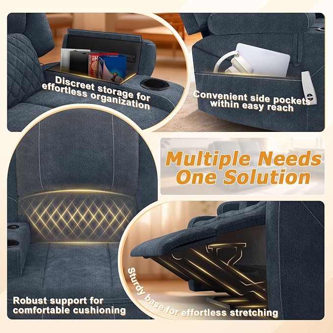 Loveseat Recliner Sofa, Power Reclining Loveseat Sofa RV Couch with Removable Armrest and Remote Control, Wall Hugger Home Theater Seating with 2-Tier Cushions, Storage & USB Ports, Blue