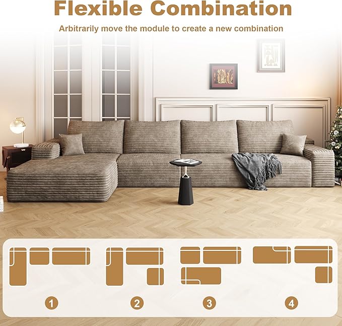 136" Sectional Couches for Living Room Cloud Couch Sofa with L-Shape Upholstered Boneless Couchs Modern Modular Sectional Couch with Chaise (Camel, 136" Left Facing Chaise+3Seaters)