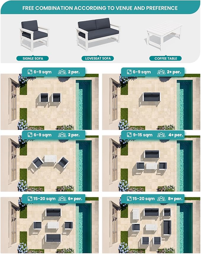 SERWALL HDPE Outdoor Loveseat with Cushions, All Weather Use Outdoor Loveseat Sofa, White Frame/Grey Cushion