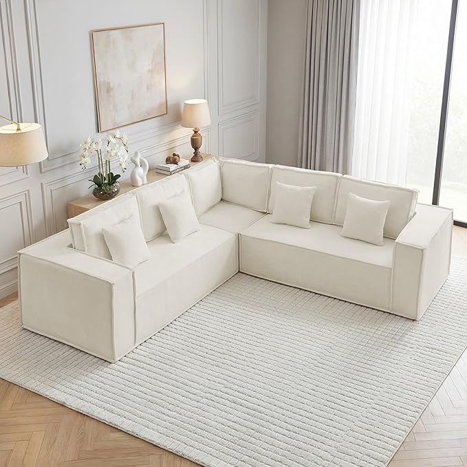 108'' Boneless Chenille L Shaped Couch, Oversized Modular Sectional 5 Seater Sofa, Modern Deep Seat Corner Cloud Compressed Couch, No Assembly Sleeper Sofa with Chaise for Living Room, Beige