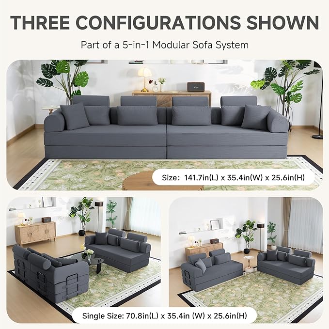 106” L Shaped Boneless Sectional Couch, Two 70.87” Pieces Convert to 141.7” Extra Long Straight Sofa, Corduroy Couch in a Box with Headrest and Back Pillows for Apartment Living Room, Dark Grey