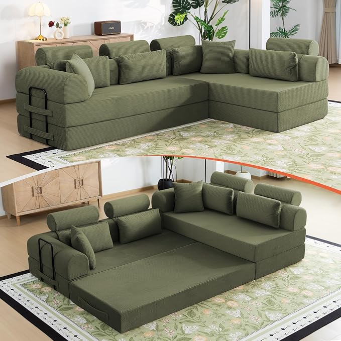 106" L-Shaped Boneless Sectional Couch, 2-Piece 70.87" Modules, Converts to 141.7" Extra-Long Straight Sofa, Corduroy Couch in a Box with Headrest & Back Pillows for Living Room, Light Green