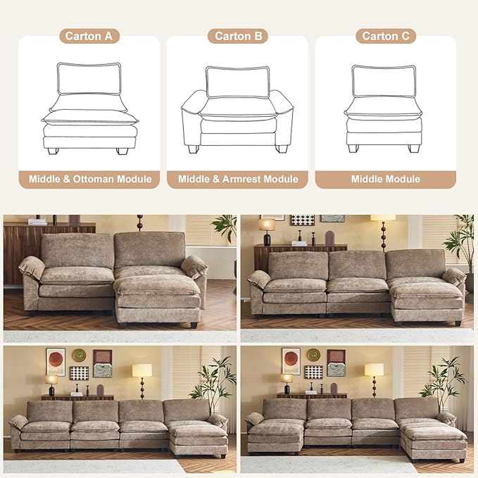 Karl home Chenille Modular Sectional Sofa 3 Seats with 1 Ottomans Sofa Couch L-Shaped Design, Comfy Upholstered Furniture for Living Room, Apartment, Studio, Office, Light Brown