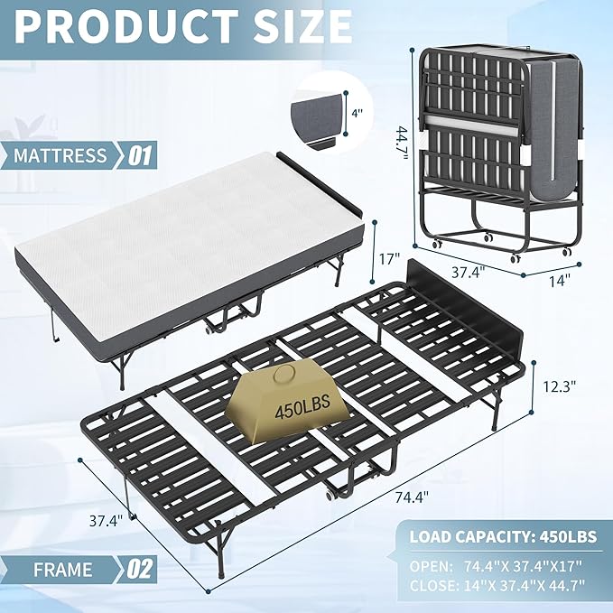 Folding Bed, 74"x38" Portable Beds for Adults, Heavy Duty Sturdy Metal Frame, Foldable Bed on Wheels for Twin Size, Space Saving Rollaway Bed for Guest Easy Storage (Headboard)