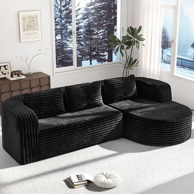Hobestluk 96" Cloud Sectional Couch Modern Boneless Couch 3 Seater with Oversized Chaise L Shaped Modular Sofa Couches for Living Room Apartment No Assembly Required (Stripe Black,Right Facing Chaise)