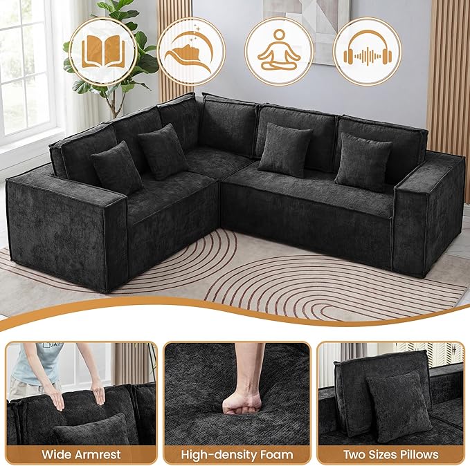 108'' Boneless Chenille L Shaped Couch, Oversized Modular Sectional 5 Seater Sofa, Modern Deep Seat Corner Cloud Compressed Couch, No Assembly Sleeper Sofa with Chaise for Living Room, Black