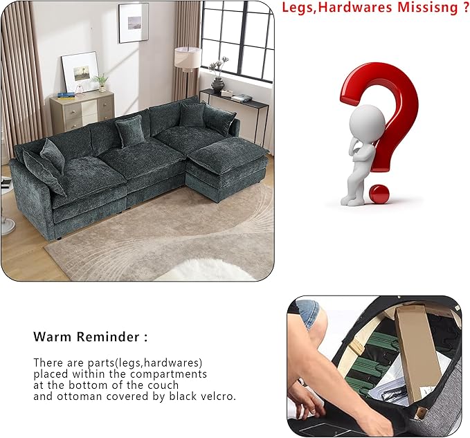 Setawix Deep 3 Seater Couch with Ottoman,112.2" L-Shaped Cloud Couches for Living Room,Chenille Cloud Sofa Couch with Deep Seat,Modular Sectional L Shape 3 Seat Sofa for Bedroom. (Grey, 3+1)