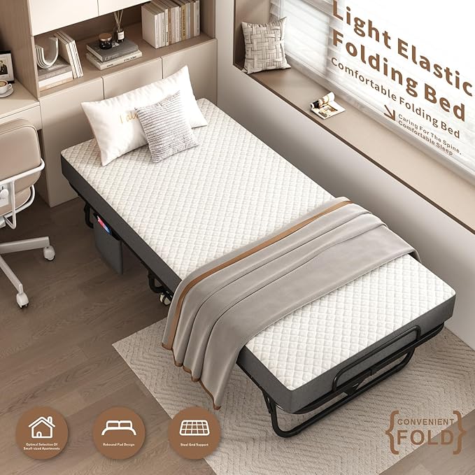 Folding Bed with Mattress for Adults, 75" x 38"Portable Twin-Size Rollaway Bed, Metal Frame Foldable Guest Bed with Memory Foam Mattress,Deluxe Single Beds with Side Storage Pocket
