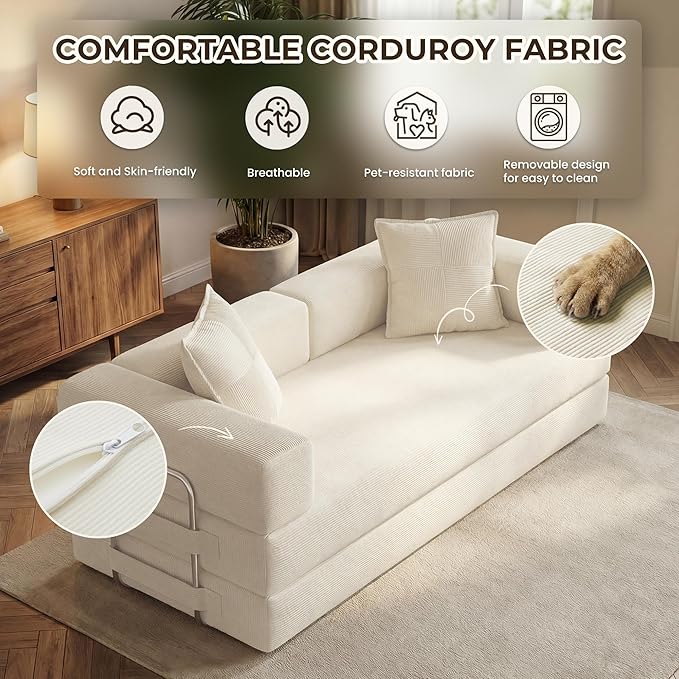 78 Inch Convertible Sofa Bed, 5-in-1 Futon Sofa Bed Pull Out Couch, Boneless Couch Bed for Living Room, Corduroy Boneless Couches for Bedroom, Apartment, No Assembly Sleeper Sofa Bed, Beige | 4 Fixed-Shape Frame, Removable Corduroy, High-density foam, ...