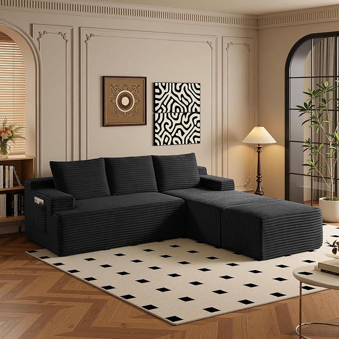 96" Sectional Couches for Living Room Cloud Couch Sofa with L-Shape Upholstered Boneless Couchs Modern Modular Sectional Couch with Chaise (Black, 96" W+Right Facing Chaise+2Seaters+Ottoman)