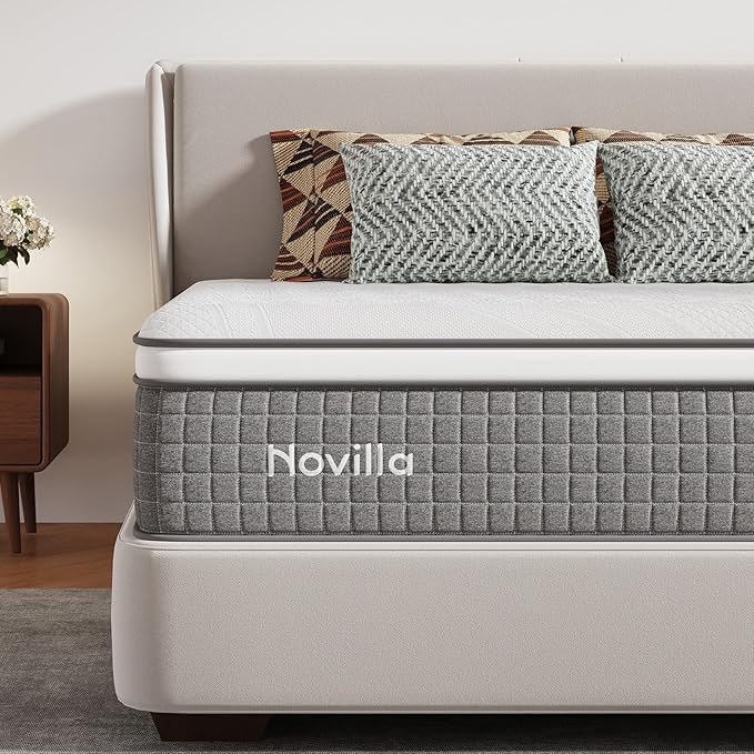 Novilla 12 Inch Twin Size Hybrid Mattress for Kids, Medium Plush, Pocketed Coils & Gel-Infused Memory Foam, Cool-Touch Nylon Cover, Grey, CertiPUR-US Certified