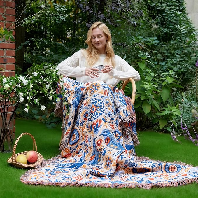 LUTBM Boho Throw Blanket for Bed Cotton Spring Blankets Twin Size for Bedroom Living Room All Season Lightweight Floral Bird Embroidery Breathable Quilt for Couch Sofa Chair 60"x80" Home Decor